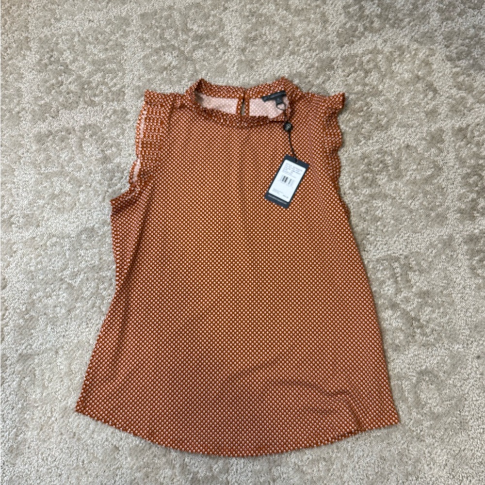 NWT Adrianna Papell Rust Polka Dot Ruffle Neck Blouse